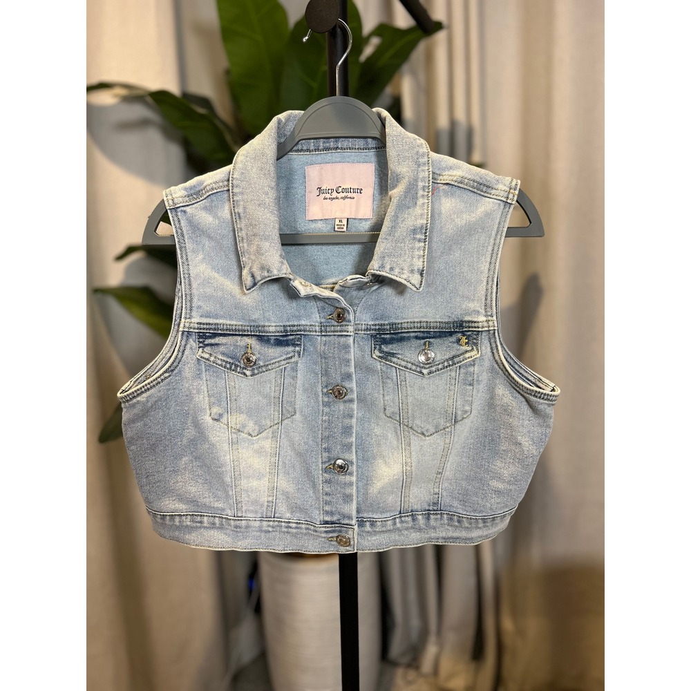 Juicy Couture Womens Light Wash Denim Cropped Vest Rhinestone Logo Blue XL
